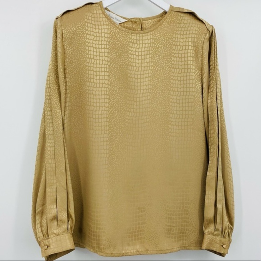 Susan Hutton Vintage Bishop Sleeve Shiny Gold Print Blouse w/Shoulder Pads